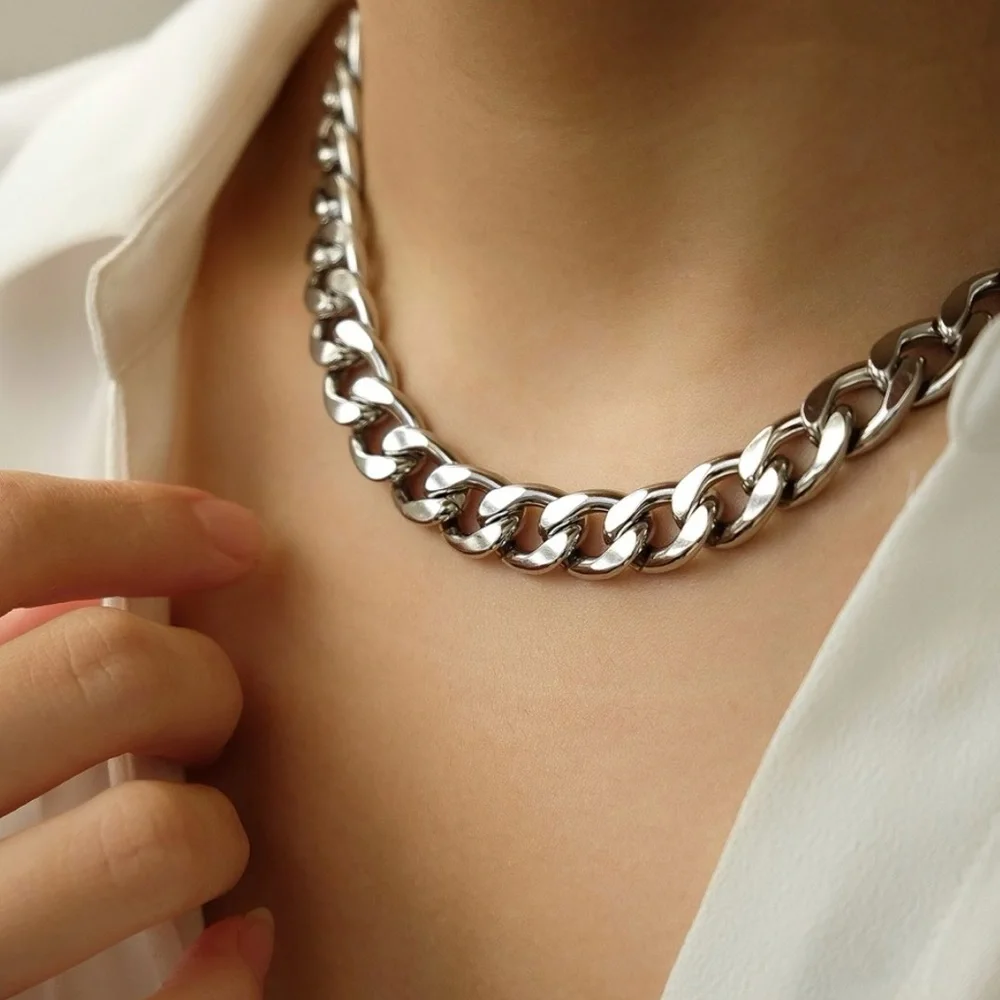 Chunky Thick Link Chain Necklace | White Gold Plated Stainless Steel - Picture 1 of 4